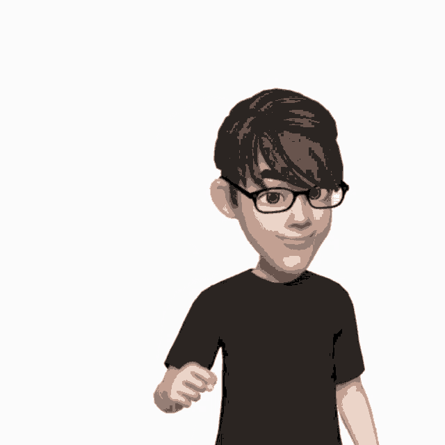 a cartoon character wearing glasses and a black shirt holds his fist up