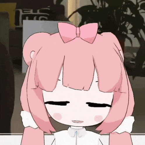 a cartoon character with pink hair and a bow on her head