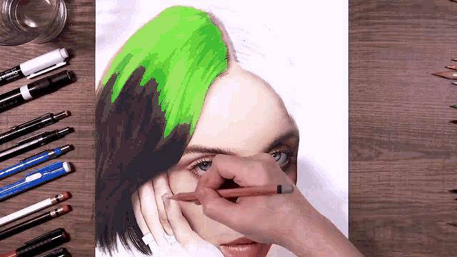 a drawing of billie eilish with green hair