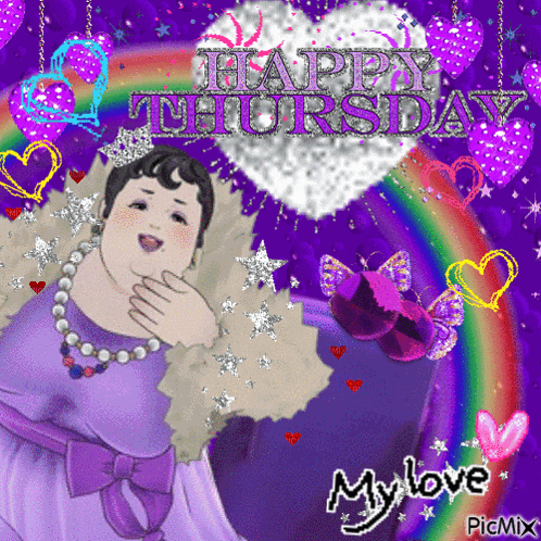 a happy thursday greeting card with a purple background