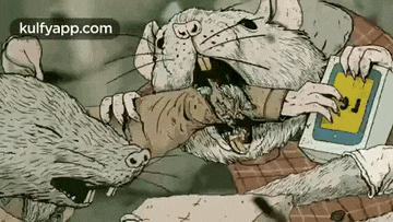 a cartoon drawing of a rat eating a man 's arm with the website kulfyapp.com visible in the corner