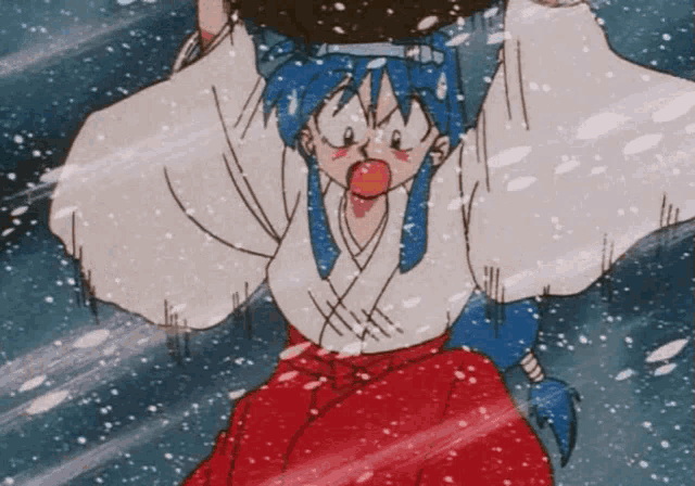 a cartoon character with blue hair and red pants is being held up in the snow