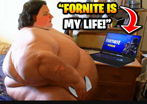 a very fat person is sitting in front of a laptop that says fortnite