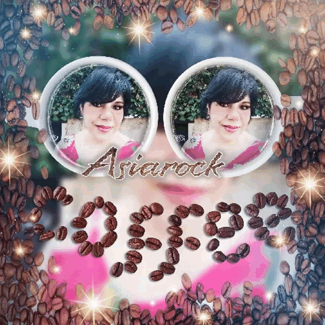 a picture of a woman surrounded by coffee beans with the name asiarock