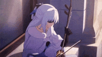 a girl with white hair is playing a violin in a room next to a window .