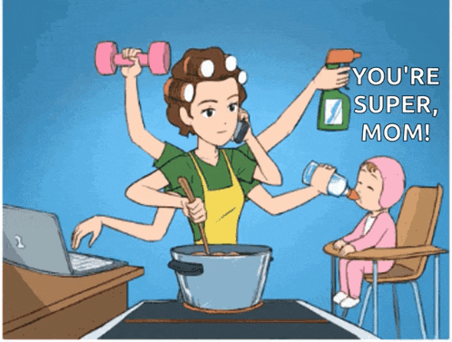a cartoon of a woman cooking and talking on a cell phone with the words you 're super mom below her