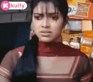 a close up of a woman 's face with a k kulfy logo in the corner .