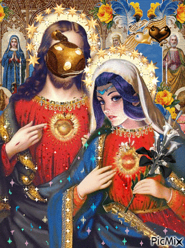 a painting of jesus and mary with the picmix logo in the bottom right corner