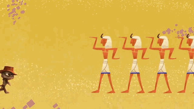a group of cartoon animals are standing in a row with a yellow background