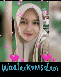a woman in a hijab is surrounded by hearts and the words waalakumsalam