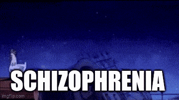 a cartoon of a man and a chicken with the words schizophrenia in white letters .
