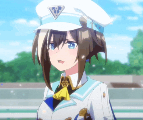 a girl in a white hat with a triangle on it