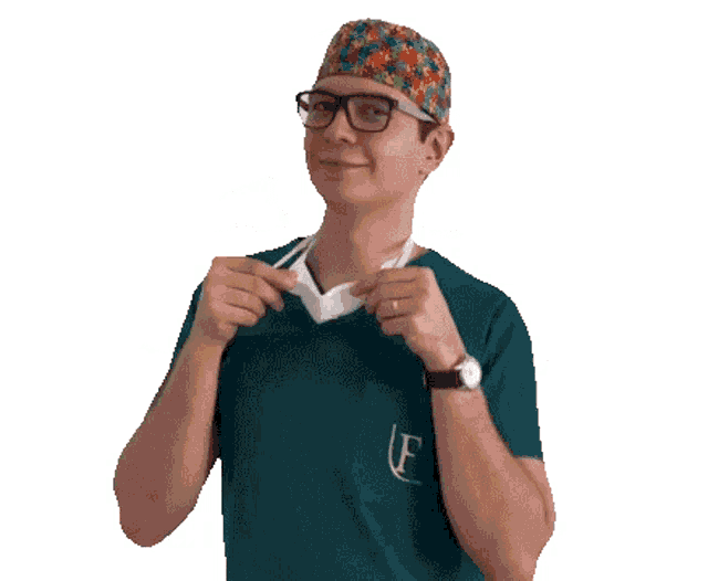 a man wearing glasses and a mask has the letter f on his shirt