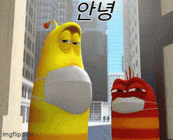 a couple of cartoon characters wearing face masks with a foreign language behind them