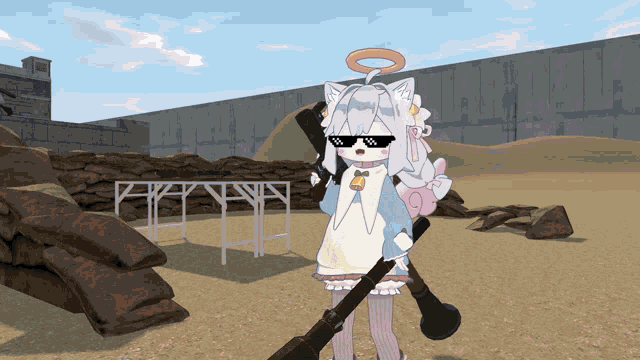 a girl wearing sunglasses holds a gun in front of a pile of rocks