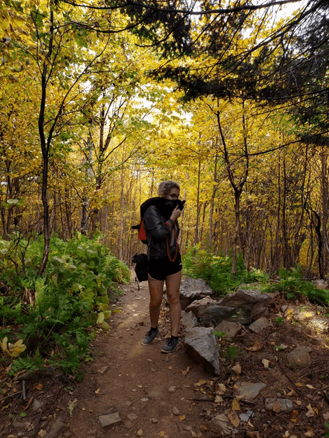 a woman wearing a mask stands in a forest