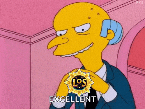 a cartoon character with a los emblem on his chest says excellent