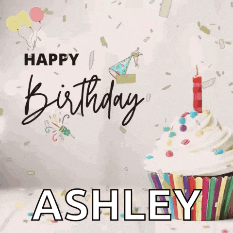 a happy birthday ashley greeting card with a cupcake and confetti