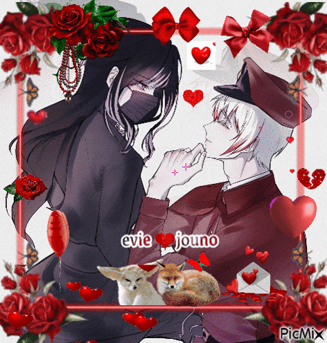 a picture of a man and a woman surrounded by red roses and hearts says evie jouno
