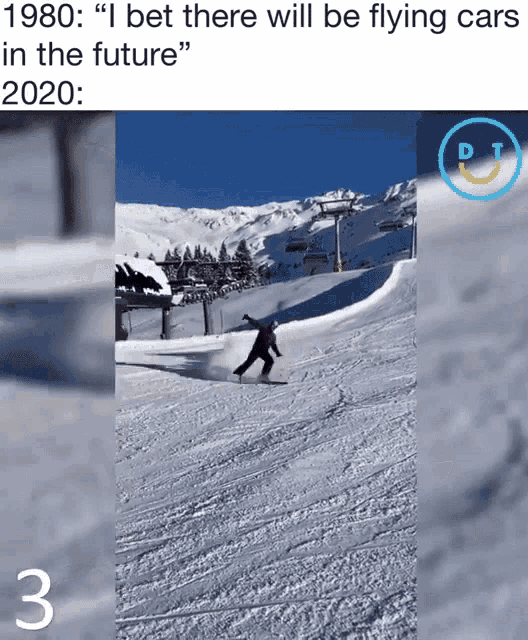 a person skiing down a snow covered slope with the number 3 below
