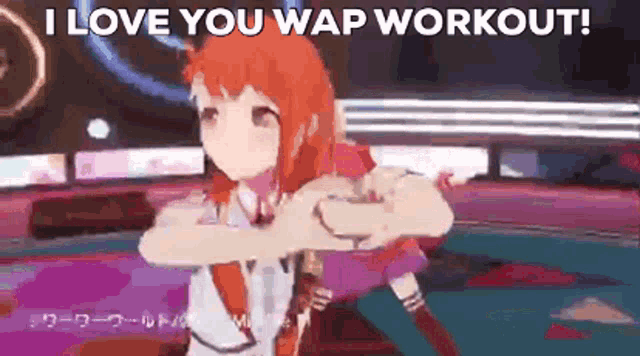 a girl is doing a workout in a video game and says `` i love you wap workout ! ''