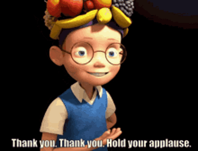 a cartoon character with fruit on his head says thank you hold your applause