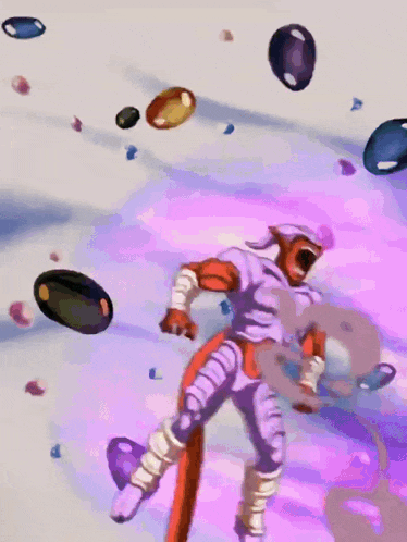 a cartoon character is surrounded by purple spheres