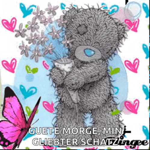 a teddy bear is holding a bouquet of flowers and a pink butterfly is in the background