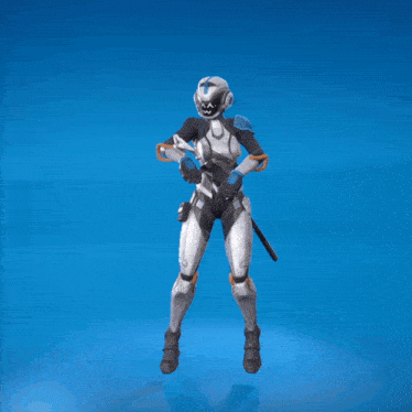 a robot with a cat tail is dancing and pointing