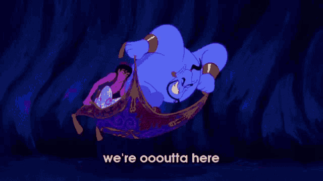 a cartoon character says we 're oouta here