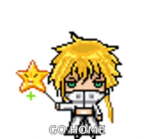 a pixel art drawing of a person holding a star wand with the words go home below it