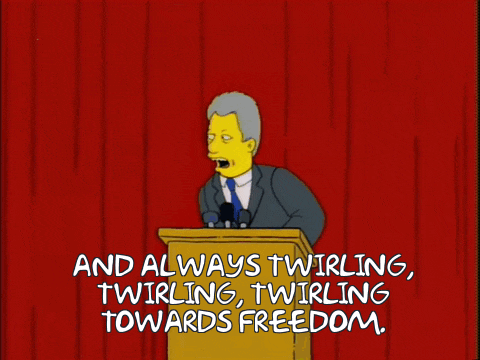 a cartoon of a man giving a speech with the words and always twirling twirling