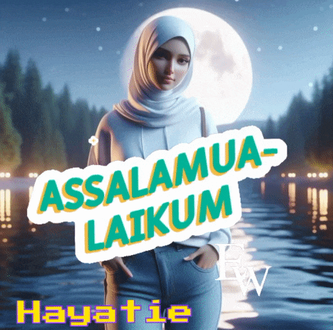 a woman wearing a white hijab stands in front of a lake with the words assalamua-laikam written on it