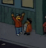 three cartoon characters are standing on a sidewalk .