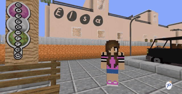 a girl in a pink shirt stands in front of a building that says elsa