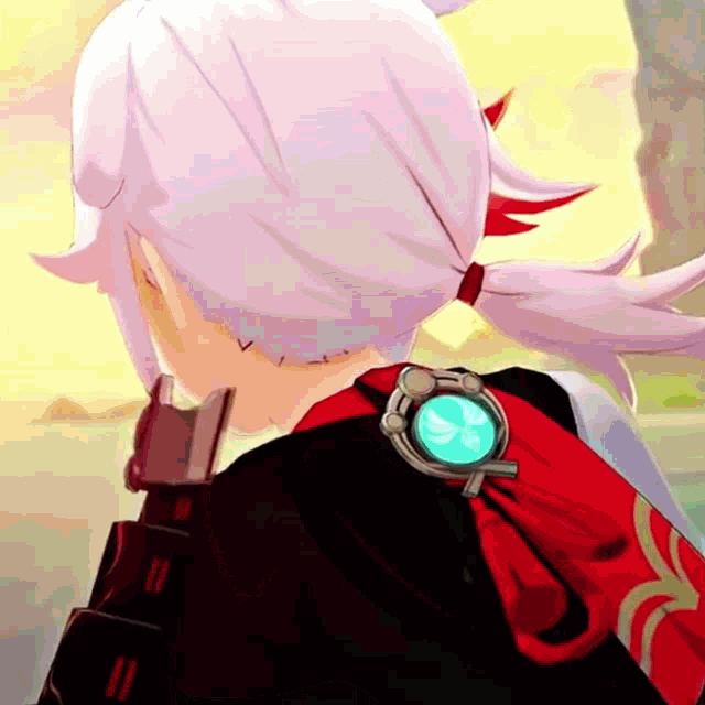 a close up of a cartoon character 's back with a watch on her shoulder