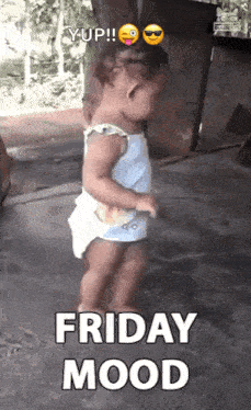 a little girl in a diaper is dancing and says friday mood .