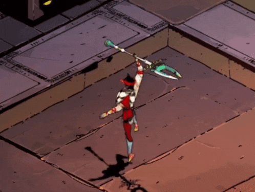 a cartoon of a person holding a sword in a room