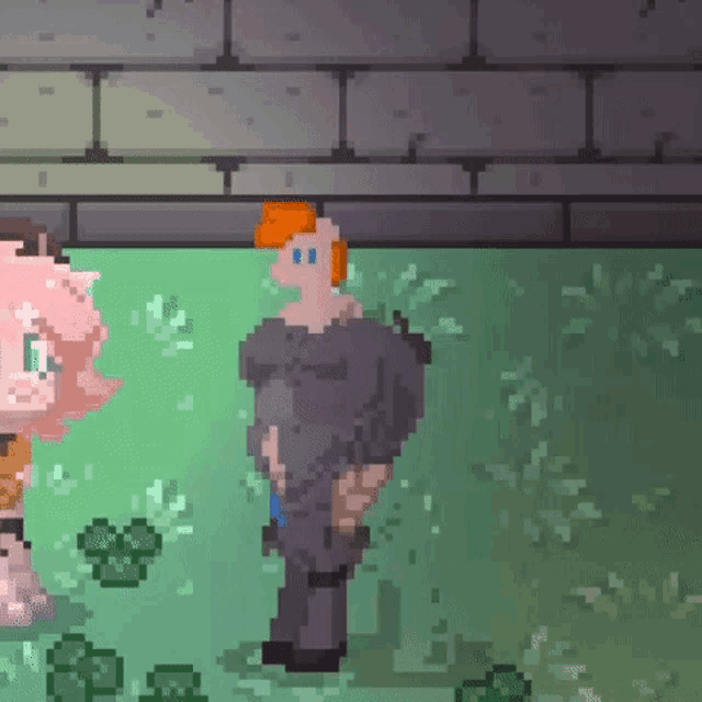 a pixel art of a man standing next to a girl .
