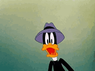 a cartoon duck wearing a purple hat and a black suit is making a surprised face .