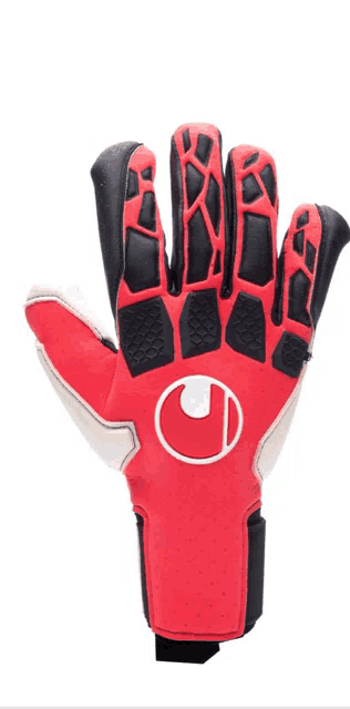 a pair of red and black goalie gloves with a white letter u on it