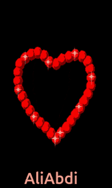 a heart made out of red beads with the name aliabdi written below it