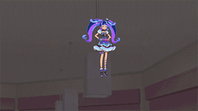 a cartoon girl with blue and purple hair and a bow on her head
