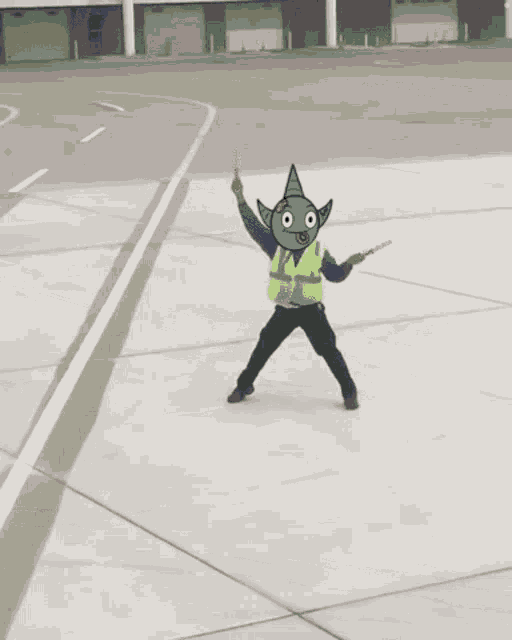 a cartoon of a man with a green face and a green vest