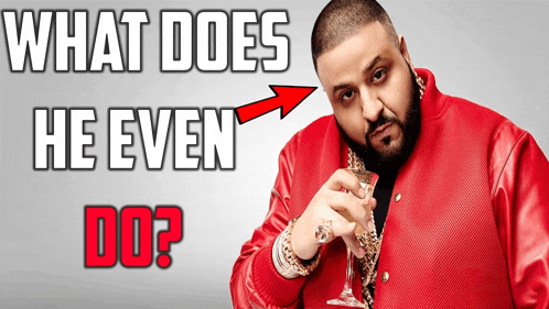 a man in a red jacket is holding a wine glass with the words " what does he even do " behind him
