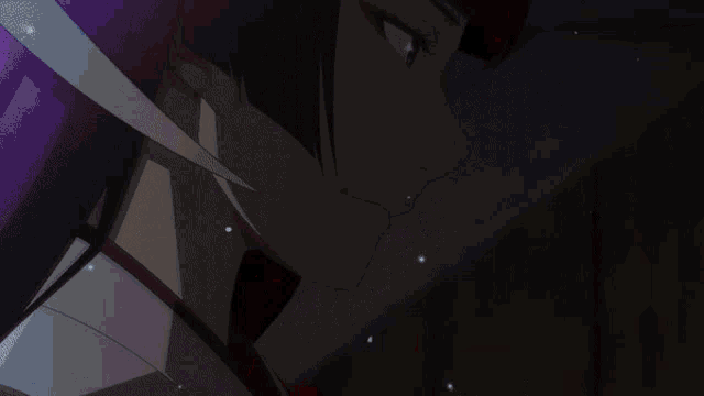 a close up of a purple haired anime character