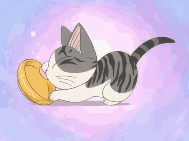 a cartoon cat is eating a donut on a pink background