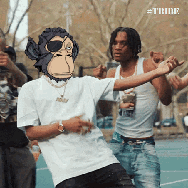 a man with a monkey mask on his face is dancing with a group of people