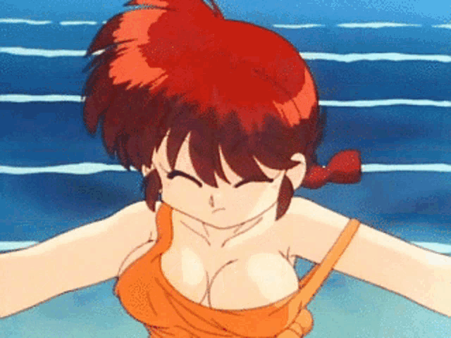 a cartoon girl with red hair is swimming in the water