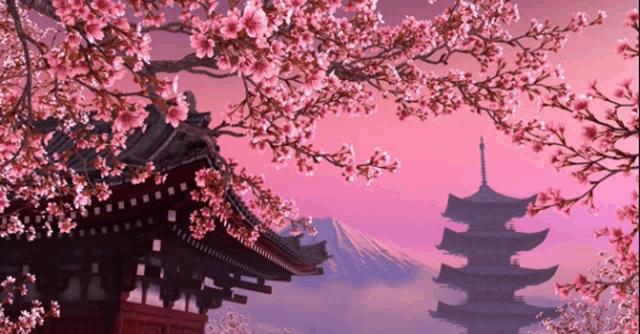 a painting of a pagoda with cherry blossoms in the foreground